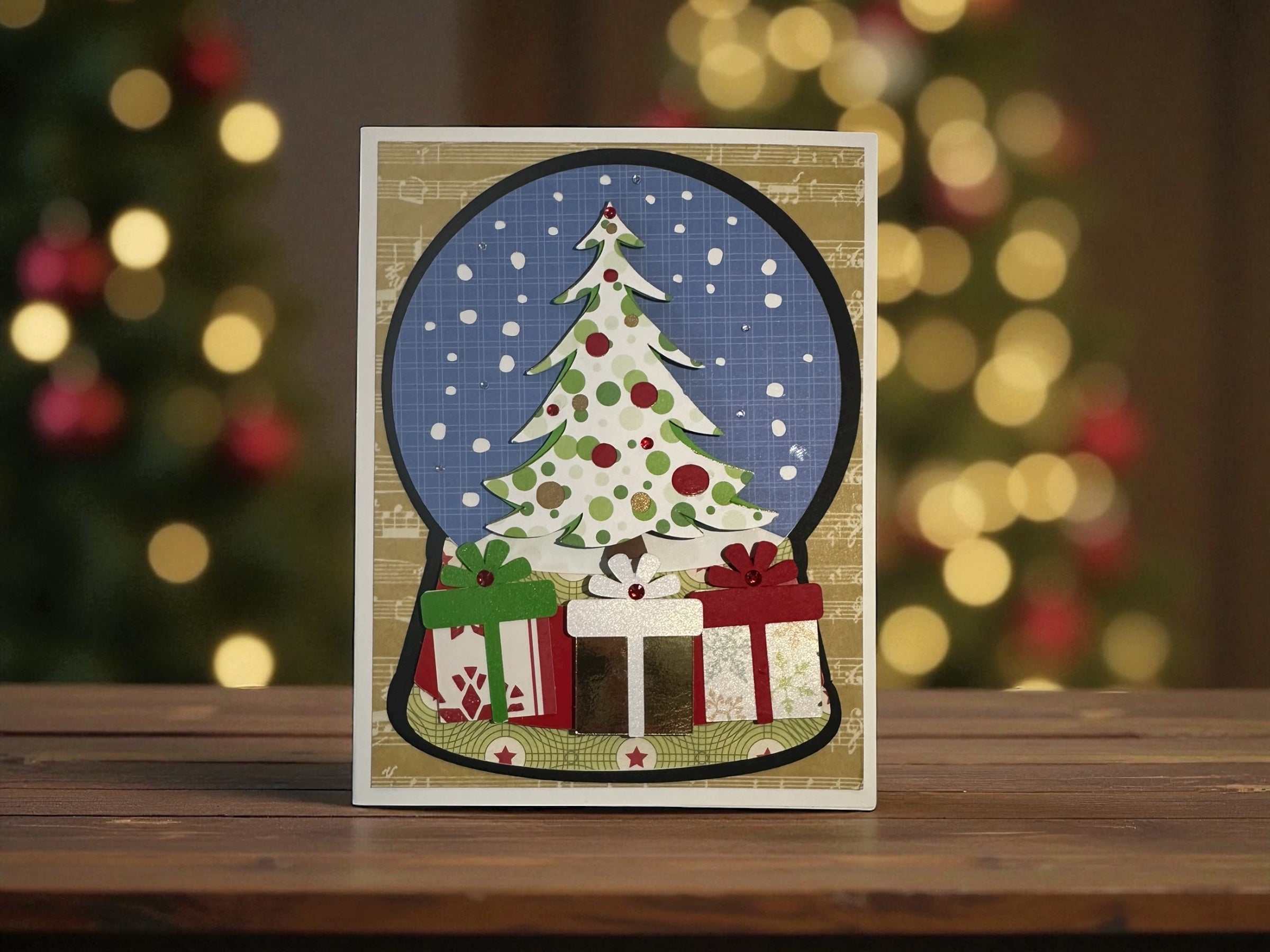 Polka Dotted Christmas Tree Snow Globe Greeting Card